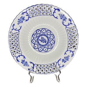 VTG White Blue Reticulated Bowl Rimmed Plate Floral Asian Scalloped Edge Lattice